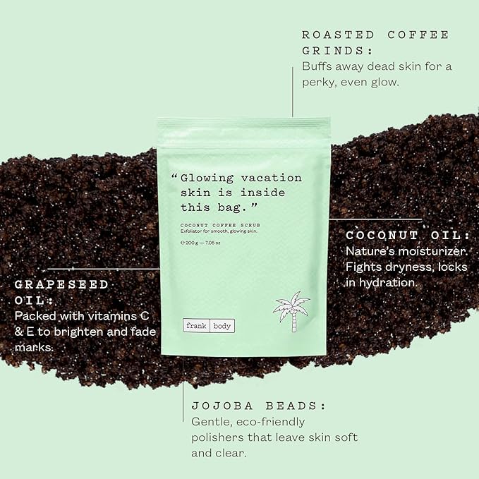 Frank Body Coconut Coffee Scrub | Natural, Vegan, Cruelty Free Exfoliating Body Scrub Firms, Tones, and Brightens with Coffee Grinds, Grapeseed Oil, Coconut Oil, and Jojoba Beads | 7.05 oz / 200 g-Velvo Beauty