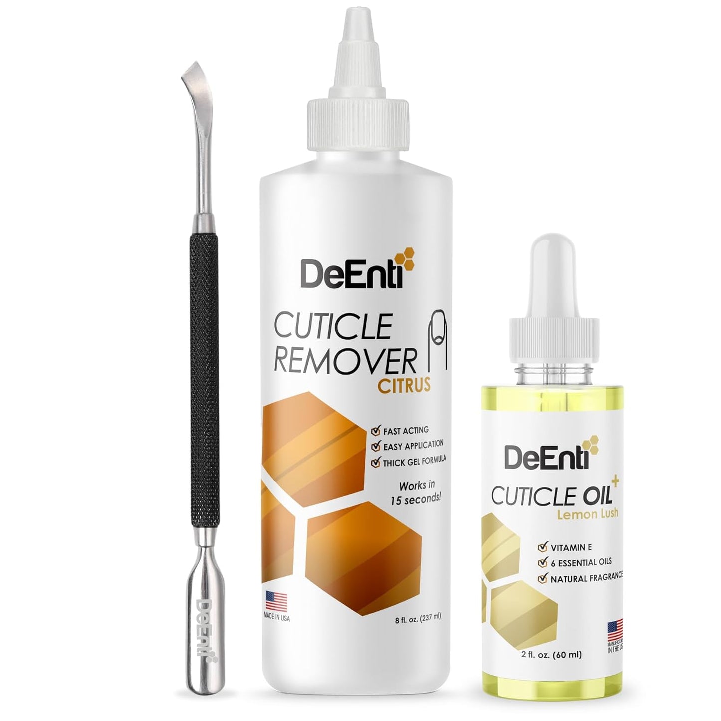 DeEnti Cuticles Maintenance Pack, Bundle Includes Citrus Scented Cuticle Remover, Cuticle Oil for Nails, and Metal Pusher Tool, Salon Grade Nail Care, Home Manicure and Pedicure Kit-Velvo Beauty