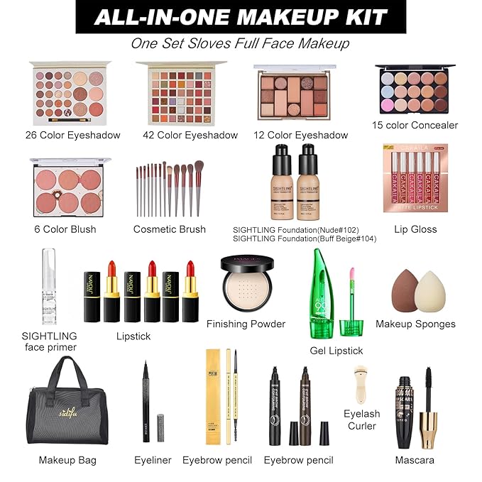 All in One Makeup Kit for Women Full Kit, Travel Makeup Kit, Makeup Gift Set for Women & Girls, Makeup Essential Bundle Include Foundation Eyeshadow Palette Lipstick Eyebrow Pencil Cosmetic Brush Set-Velvo Beauty