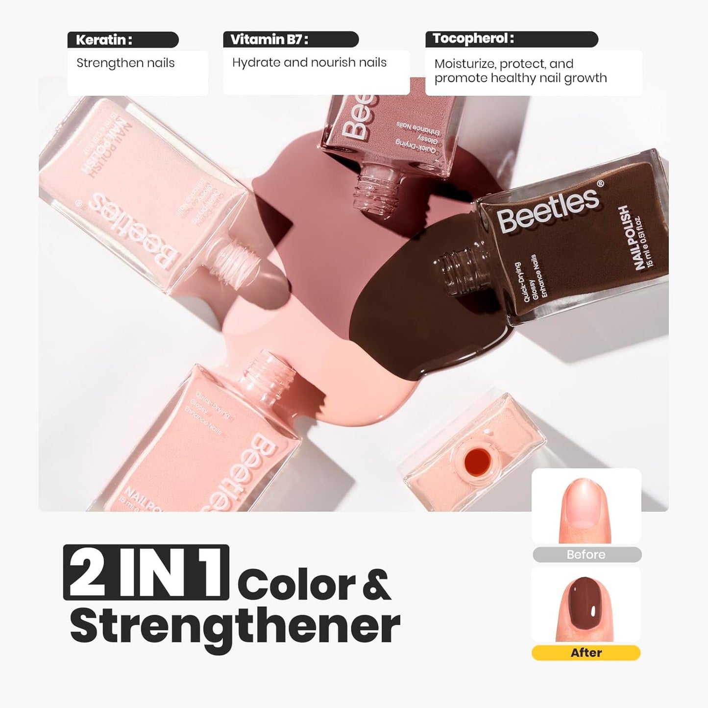 Beetles Nude Nail Polish Set 7Pcs: Fast Drying & Long Lasting Neutral Beige Brown Nail Polish with 2 IN 1 Base & Top Coat and Cuticle Serum, All-in-One Care Nails Gift Sets-Velvo Beauty