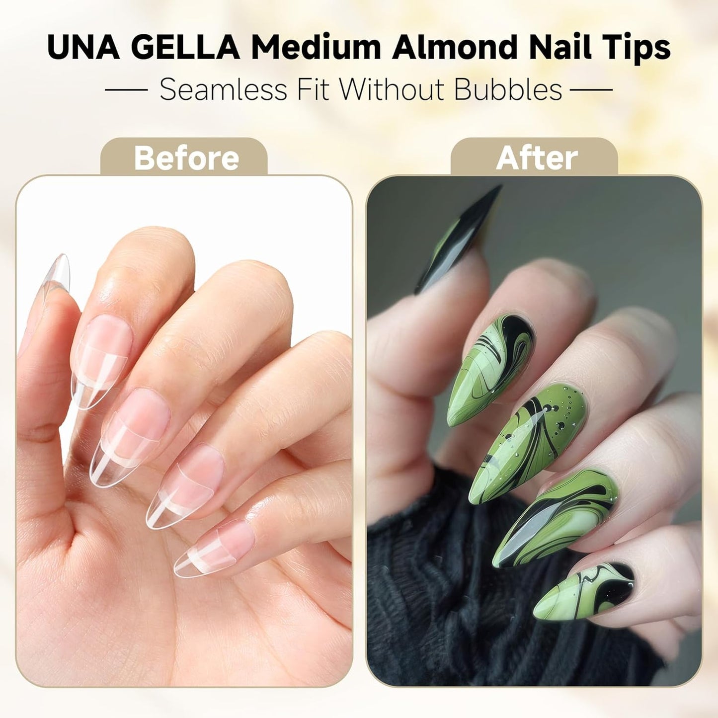 UNA GELLA Almond Gel Nails Tips Medium: 504pcs Full Matte Soft Gel Almond Shape Nail Tips Half Cover Clear Gelly Tips for Nail Art Press On Nails 12 Sizes, Nail Extensions-Velvo Beauty