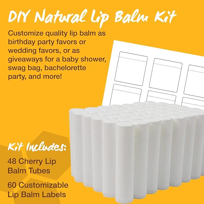 Nature's Bees - DIY Bulk Lip Balm Kit, Natural Cherry Flavor - 48 Blank Lip Balm Tubes w/ 60 Labels - Easy to Use - Customizable Templates - Beeswax, Cocoa Butter, Coconut Oil, Aloe - .15 oz (4.2g)-Velvo Beauty