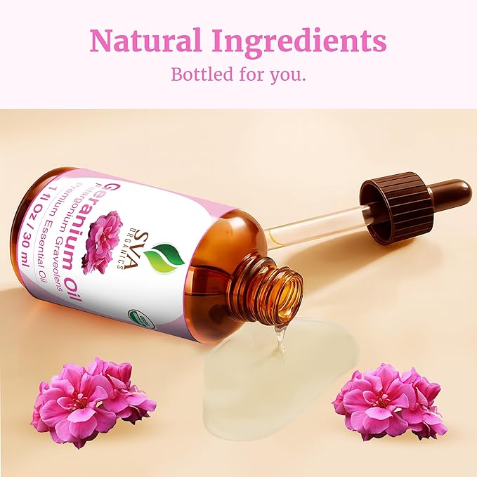 SVA Geranium Essential Oil Organic – 1 Fl Oz – 100% Natural Organic Geranium Oil - for Diffuser, Hair Care, Face, Skin Care, Aromatherapy, Scalp and Body Massage, Soap and Candle making – with Dropper-Velvo Beauty