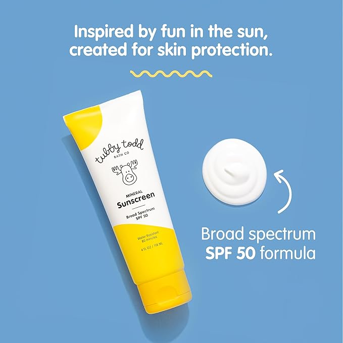 TUBBY TODD Mineral Sunscreen SPF 50 - Broad Spectrum Sunscreen Lotion for Kids - Water-Resistant for 80 Minutes - Safe for Sensitive Skin - Non-Greasy Feel - 2 Pack, 4 Fl Oz-Velvo Beauty