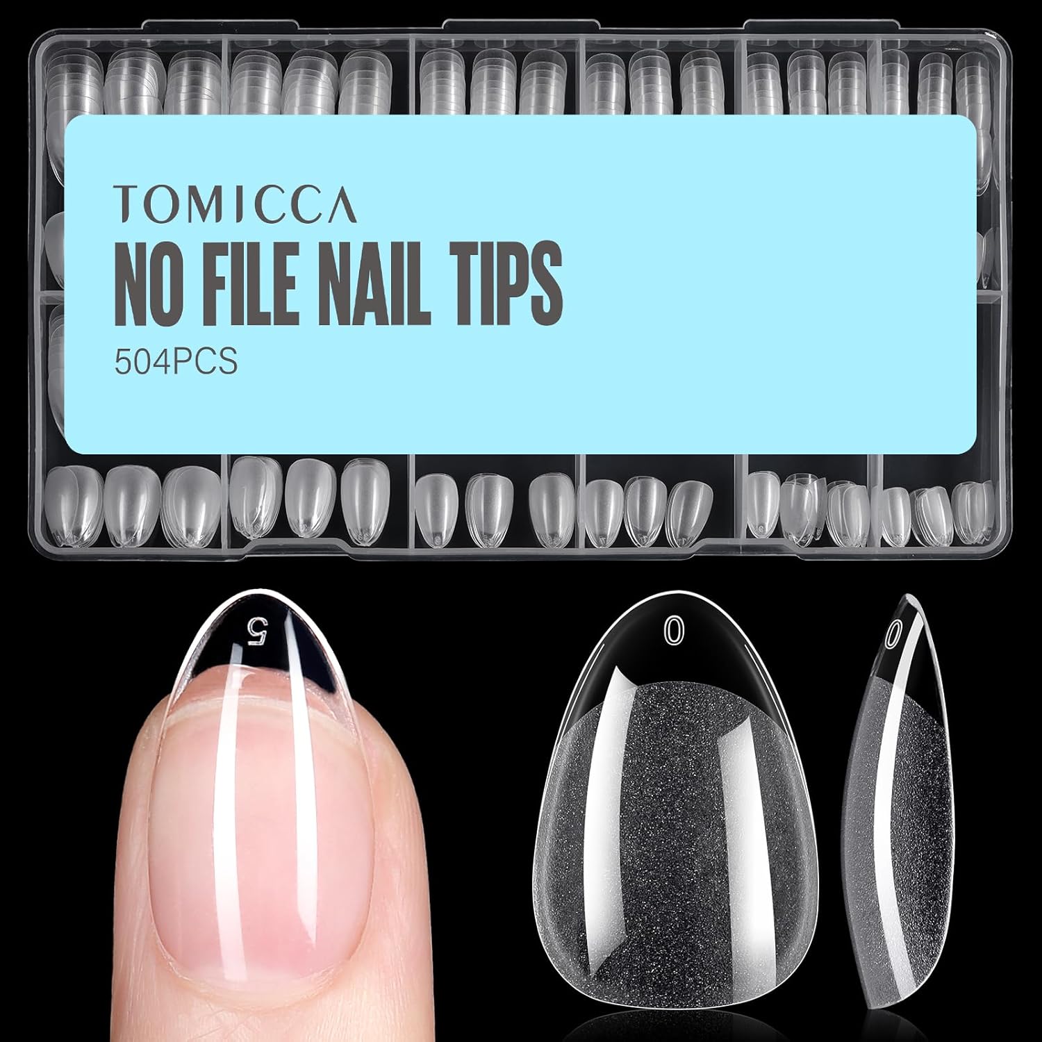 TOMICCA Short Almond Nail Tips, 504Pcs Soft Acrylic Nail Tips, 12 Sizes Pre-Shaped Half Matte Fake Clear Gelly Tips, Press on Acrylic Nails for Nail Extension DIY Nail Salon-Velvo Beauty