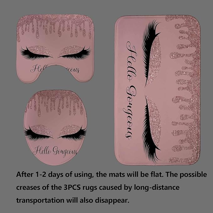 4PCS Rose Gold Glitter Hello Gorgeous Shower Curtain Set, Bling Unicorn Eyelash Makeup Glam Fashion Girly Teenage Girls Women Pink Bathroom Decor, Fabric Shower Curtain, Bath Mat Toilet Rug-Velvo Beauty