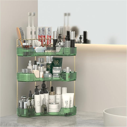 3 Tier Corner Bathroom Organizer Countertop, Vanity Makeup Organizer with Brush Holder, Space-Saving Skincare Storage Corner Shelf for Bathroom, Dressing Table, Kitchen-Velvo Beauty