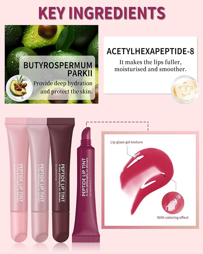 Tinted Lip Balm-2Pcs Rose-Gray Raspberry Peptide Hydrating Lip Tint Moisturizer, Jelly Glossier Lip Treatment Balm, Non-Stick Glow Reviver Lip Care Oil Lip Gloss, Thanksgiving Makeup for Women-02+04-Velvo Beauty