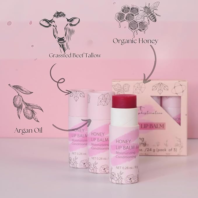 Organic Honey Lip Balm - 100% Grassfed Beef Tallow Chapstick for Women, Natural Raw Honey & Argan Oil - Ultra Moisturizing, Conditioning, Chemical Free - 3 Pack (3x0.28 oz) Tinted-Velvo Beauty