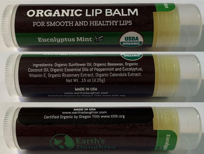 USDA Organic Lip Balm 4-Pack by Earth's Daughter - Eucalyptus Mint Flavor, Beeswax, Coconut Oil, Vitamin E - Best Lip Repair Chapstick for Dry Cracked Lips.-Velvo Beauty