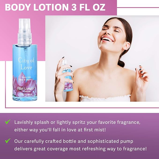 Bath & Body Care Travel Set - Home Spa Set with Body Lotion, Shower Gel and Fragrance Mist, Valentines Day Gifts for Her and Him(City of Love)-Velvo Beauty