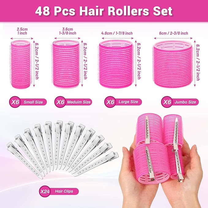 Rollers Hair Curlers 49 Pcs Set with 24Pcs Self Grip Hair Rollers 4 Sizes and 24 Pcs Hair Clips for Blowout Look Long Medium Short Thick Hair Volume-Velvo Beauty