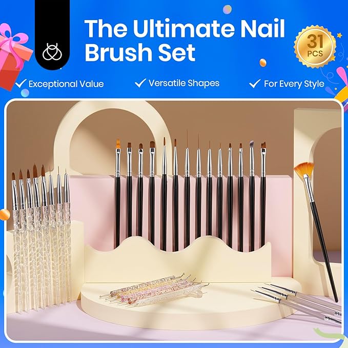 Beetles 31pcs Nail Art Brushes, Dotting Tools, Nail Art Pens, Dust Brush, Striping Liner Fingernail Drawing Pens with Palette Holder All in One for Starter Manicure Design Set-Velvo Beauty