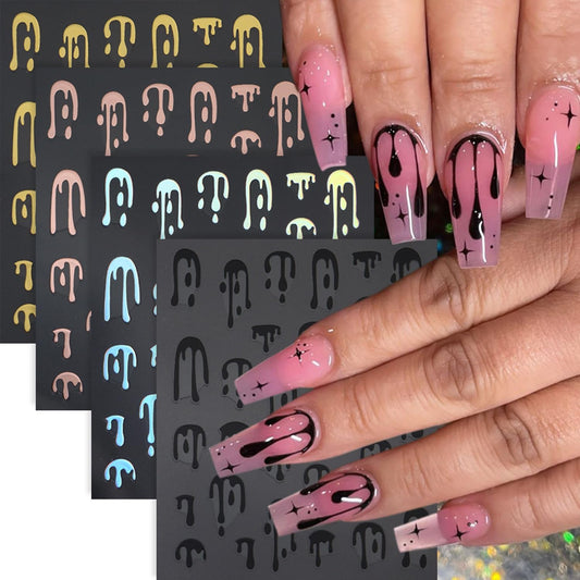 4pcs Halloween Nails Art Stickers -3D Self-Adhesive Nails Supply Black Gold Rose Gold Blood Dropping Design Y2K Scary Blood Nail Decals Sliders Halloween Laser Sliver Bloody DIY Manicure Decor-Velvo Beauty