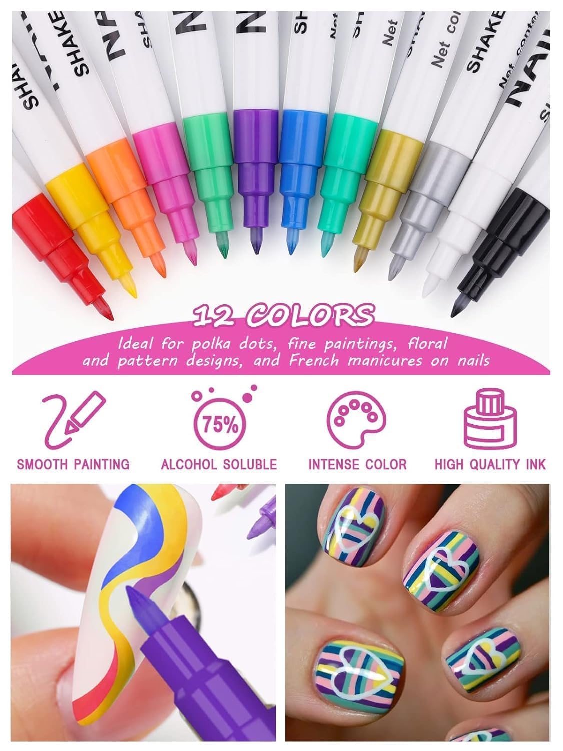 Kalolary 12 Color 0.7MM Nail Art Pens Set, 3D Nail Polish Pens Nail Point Graffiti Dotting Pen Drawing Painting Liner Brush for DIY Nail Art Beauty Adorn Manicure Tools-Velvo Beauty
