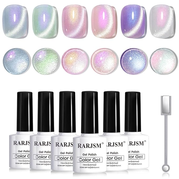 RARJSM Sparkle Diamond Pearl Cat Eye Gel Nail Polish Set 6pcs Velvet Silver Shimmer Pink Green Blue Purple White Glitter Mermaid Swirl Shell Thread Effect with Magnet Stick UV LED Curing Requires-Velvo Beauty