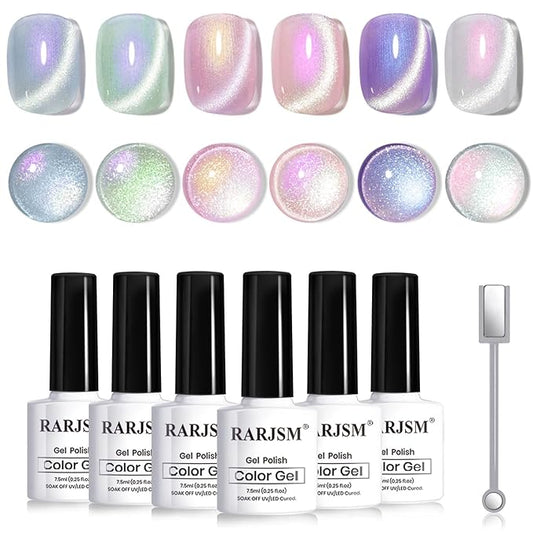 RARJSM Sparkle Diamond Pearl Cat Eye Gel Nail Polish Set 6pcs Velvet Silver Shimmer Pink Green Blue Purple White Glitter Mermaid Swirl Shell Thread Effect with Magnet Stick UV LED Curing Requires-Velvo Beauty