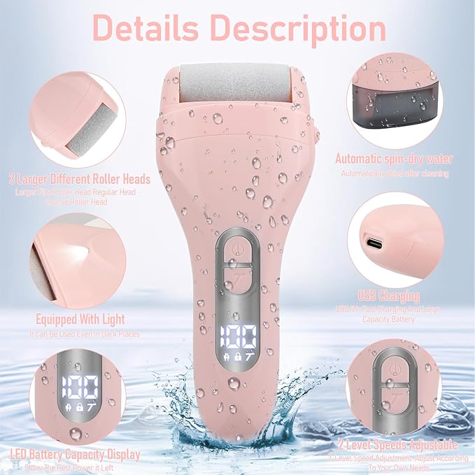 Callus Remover for Feet - with Larger Grinding Head, Electric Portable Pedicure Kit Foot File Callus Remover, Rechargeable Waterproof Foot File for Foot Care Deadskin Remover LCD Display-Pink-Velvo Beauty