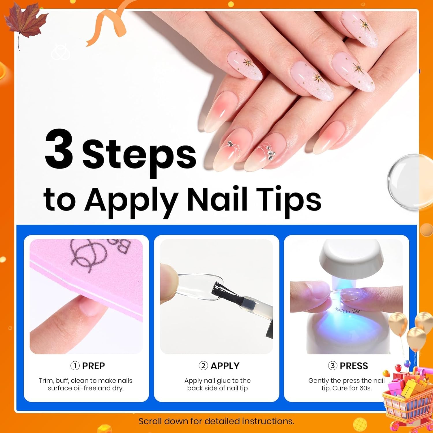 beetles Gel Polish 9 In 1 Gel Nail Glue for Clear Acrylic Nail Tips 2 Pcs 15ml Long Lasting Nail Gel Kit for False Nails Tips, Base Blooming Nail Gel, Fall Halloween Nails, U V Light Required-Velvo Beauty