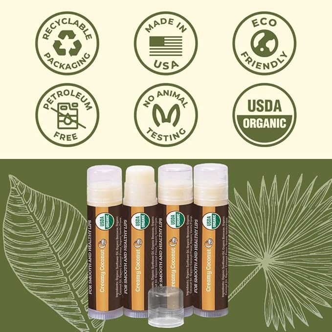 USDA Organic Lip Balm 4-Pack by Earth's Daughter - Creamy Coconut Flavor, Beeswax, Coconut Oil, Vitamin E - Best Lip Repair Chapstick for Dry Cracked Lips-Velvo Beauty
