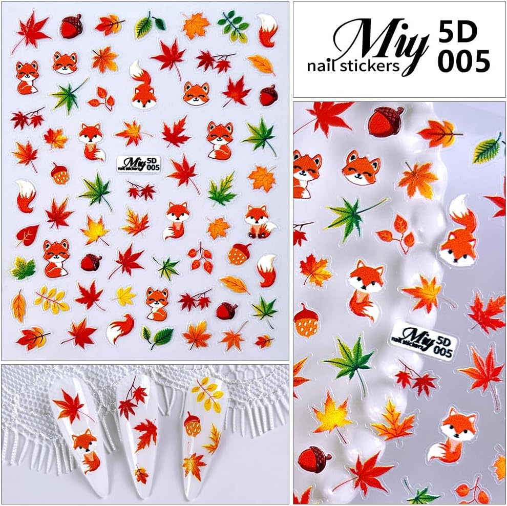 Fall Nail Art Stickers - 5D Miniature Sculpture Fall Pumpkin Nail Decals - 2PCS Manicure Maple Leaves Squirrel Mushroom Nail Art Supplies Autumn Acrylic Nail Art Decoration for Women-Velvo Beauty