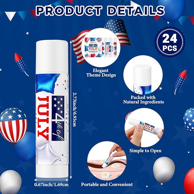 24 Pcs SPF 30 Lip Balm Bulk for Summer Wedding Baby Shower 4th of July Party Sunscreen Lip Balm Sticks Outdoor Travel Sunscreen Care Lip Balm for Thank You Gifts Party Supplies (4th of July)-Velvo Beauty