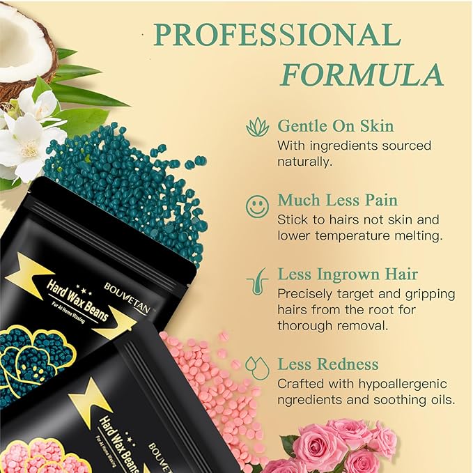 Wax Beads for Hair Removal, Bouvetan 1.3Lb/21oz Hard Waxing Beads for Brazilian Waxing, Waxing Beads for Eyebrow, Face, Bikini, Legs, Arms for Women Men Hair Removal with 10pcs Spatulas, 6 Packs-Velvo Beauty