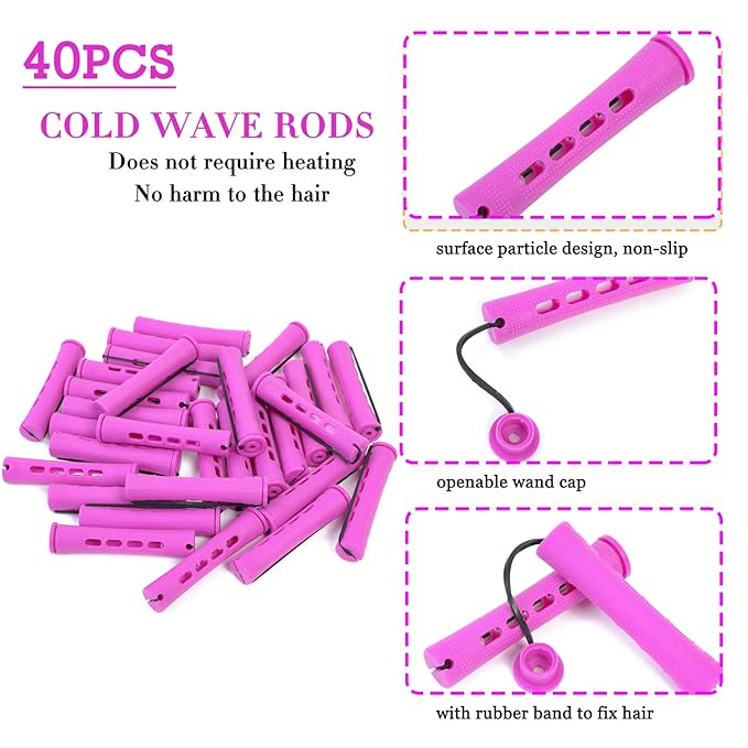 YOROSTAR Perm Rods Set for Natural Hair 40pcs Plastic Cold Wave Rods for Long Short Hair Rollers Large Hair Curling Rods for Women Purple-Velvo Beauty
