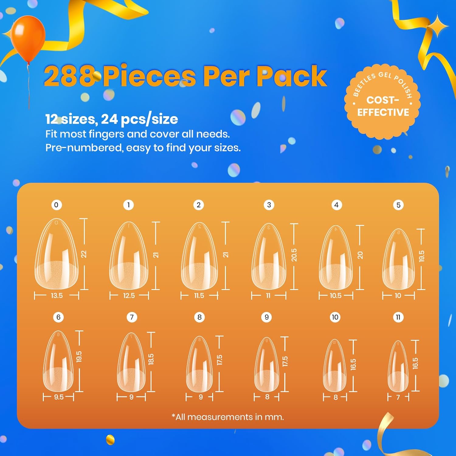 Beetles Short Almond Nail Tips: 12 Sizes 288 PCS Half Matte Full Cover Gel Tips Clear Acrylic Gel Nail Tips Almond Shape for DIY Extension-Velvo Beauty