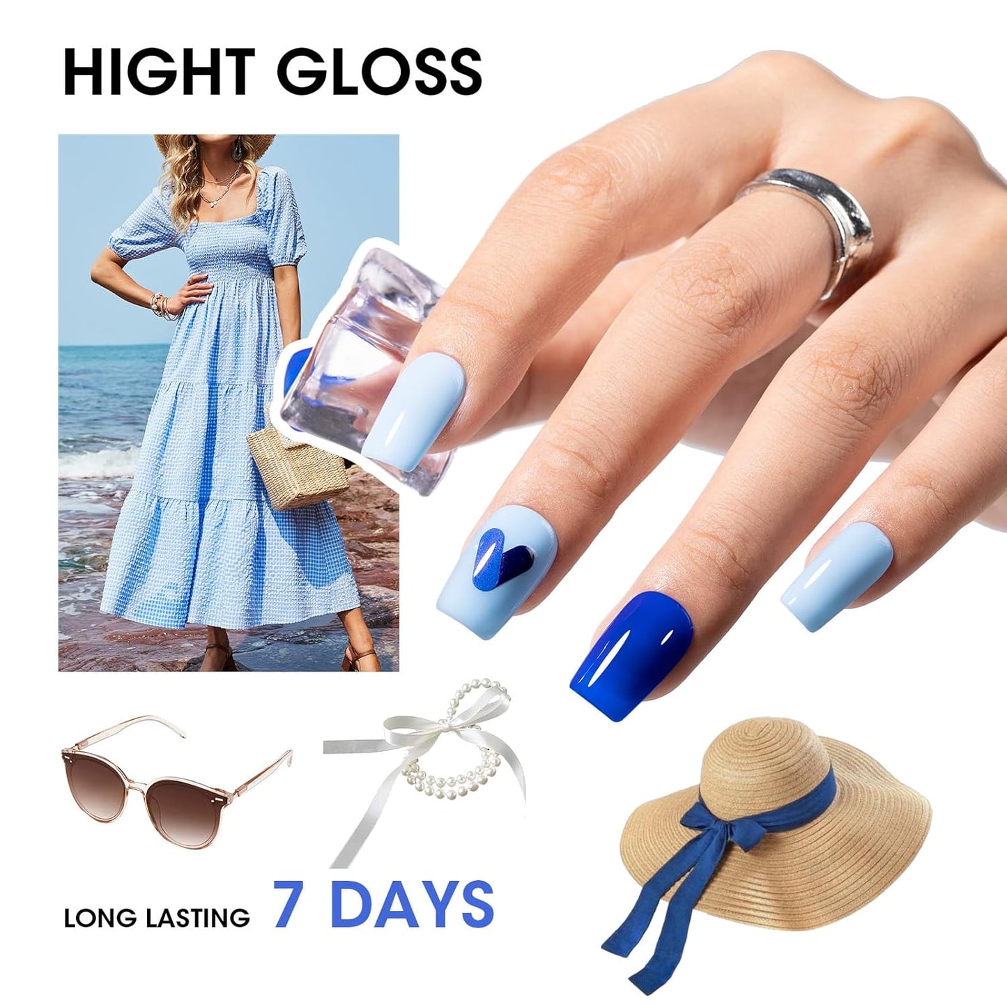 GELLEN Blue Nail Polish, Bright Navy Royal Baby Ocean Cobalt Blue White 6 Colors Set, insta Air Dry Natural Traditional Regular Nail Polish for Acrylic Natural Nails Salon Home, Non UV Gel, Hema Free-Velvo Beauty