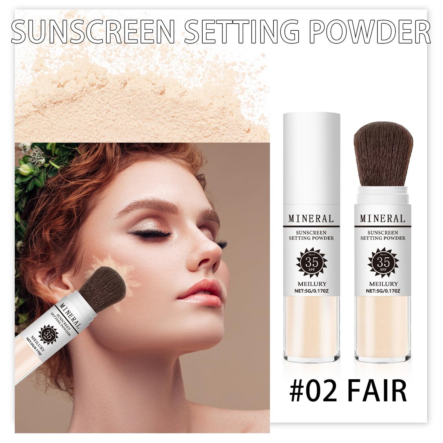 Sunscreen Setting Powder SPF 35, Mineral Brush Powder for Face & Scalp, Oil Control Natural Matte Finish Loose Powder Translucent Lasting Lightweight Breathable for All Skin (#02 Fair)-Velvo Beauty