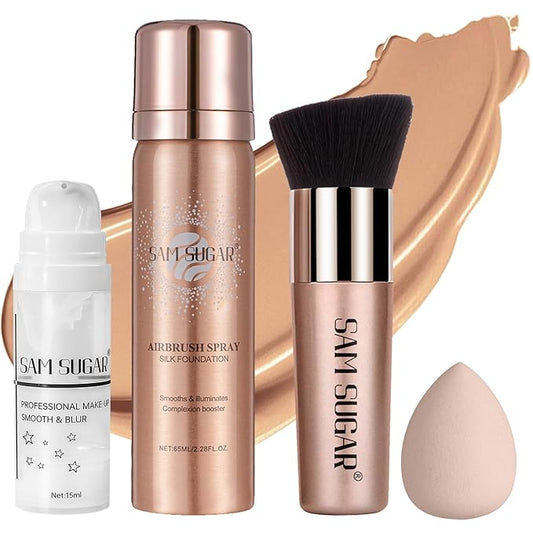 AirBrush Foundation Spray Set, Spray Foundation Makeup and Hydrating Face Primer Kit, Longwear Waterproof Liquid Matte Foundation Mist for Flawless Look, Brush and Sponge Include (#6 Sunny Beige)-Velvo Beauty