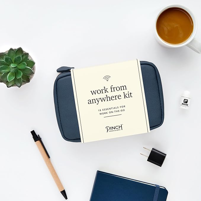 Pinch Provisions Work from Anywhere Kit, Includes 18 Essentials to Help You Stay on Task, Must-Have Essentials, Compact Multi-Functional Vegan Leather Pouch, Navy-Velvo Beauty