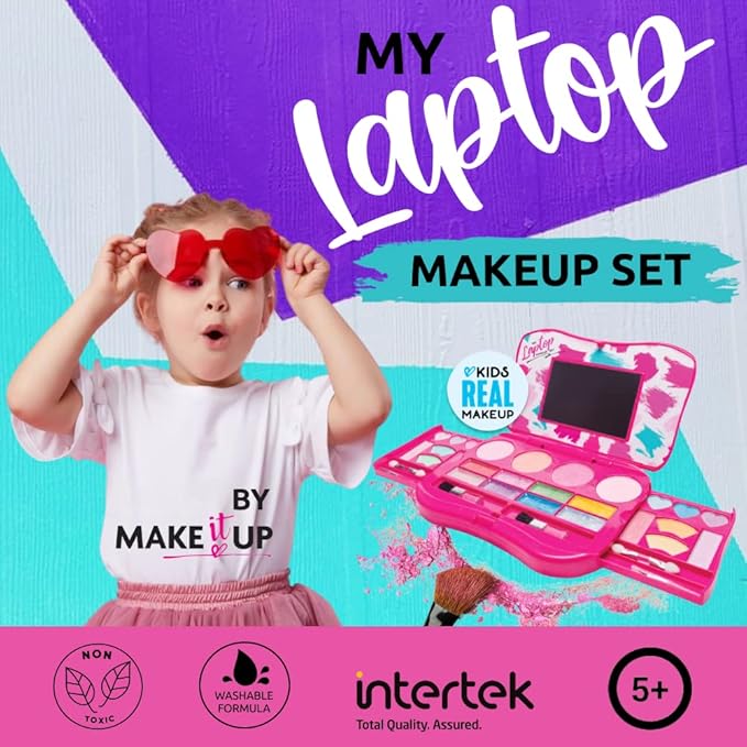 My First Makeup Set for Young Girls I Kids Makeup Kit for Little Girls I Foldable Makeup Palette with Makeup Mirror I Pink Set Makeup for Kids Vanity I Washable Laptop Design Toddler Makeup Kit Gift-Velvo Beauty