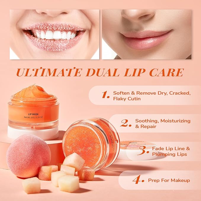 ANAI RUI Lip Balm Mask & Lip Scrub Set, Lip Care Kit, Overnight Lip Treatment with Lip Sleeping Mask & Sugar Lip Exfoliator Scrub, Lip Moisturizer for Dry, Chapped, Dark Lips, Reduce Fine Lines, Peach-Velvo Beauty