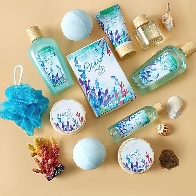 Green Canyon Spa Gift Baskets for Women, Bath and Body Gift Set for Women, 12Pcs Ocean Spa Sets Includes Bubble Bath, Body Lotion,Mothers Day Gifts for Her,Spa Baskets-Velvo Beauty