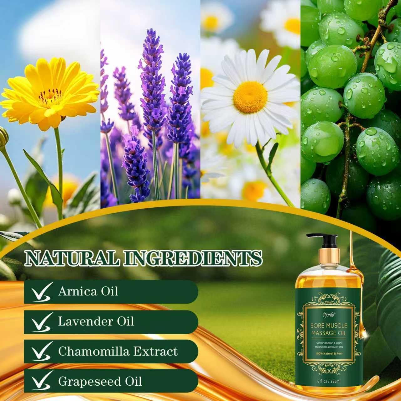 Sore Muscle Massage Oil for Massage Therapy, 8 FL OZ Natural Body Massage Oil with Lavender Oil, Arnica & Chamomile Extract, Soothes Muscle and Joint for Professional & Home Use-Velvo Beauty