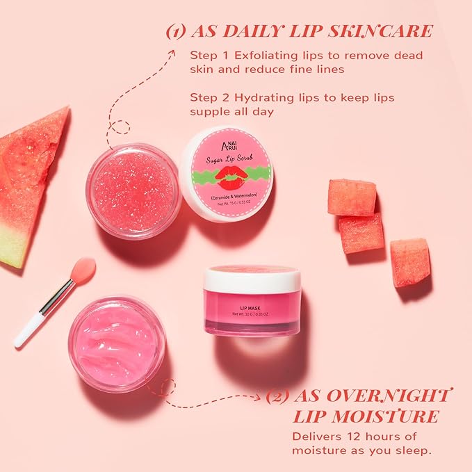 Lip Mask Set, Lip Scrub & Lip Butter, Overnight Lip Treatment Set Enriched With Skin Softening Ceramide & Watermelon and Hydrating Shea Butter, For A Softer & Smoother Pout-Velvo Beauty