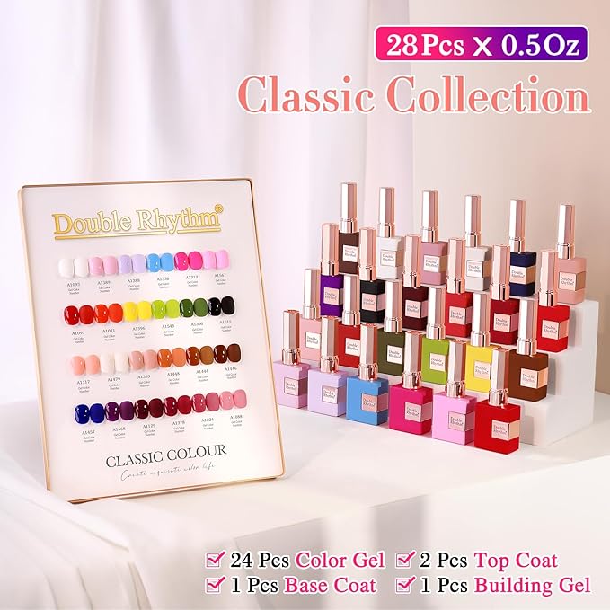 Double Rhythm 28Pcs 0.5Oz Gel Nail Polish Set Same Color Same Bottle Soak Off Gel Polish Kit Nail Art Manicure Salon DIY at Home for Women (Red Pink Collection-T24-4)-Velvo Beauty