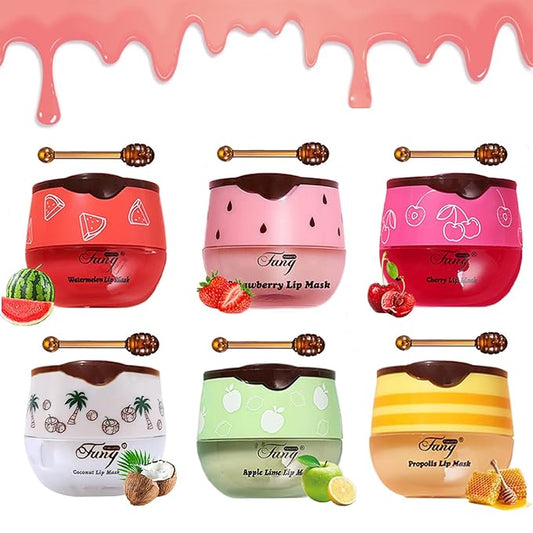 6PCS Bee Lip Balm Honey Pot，Honey&Strawberry&Watermelon&Cherry&Apple&Coconut Lip Mask Overnight Propolis Moisturizing Lip Balm Hydrating Prevention Dry and Crack Lip Scrubs Exfoliator Lip Wrinkle Care-Velvo Beauty