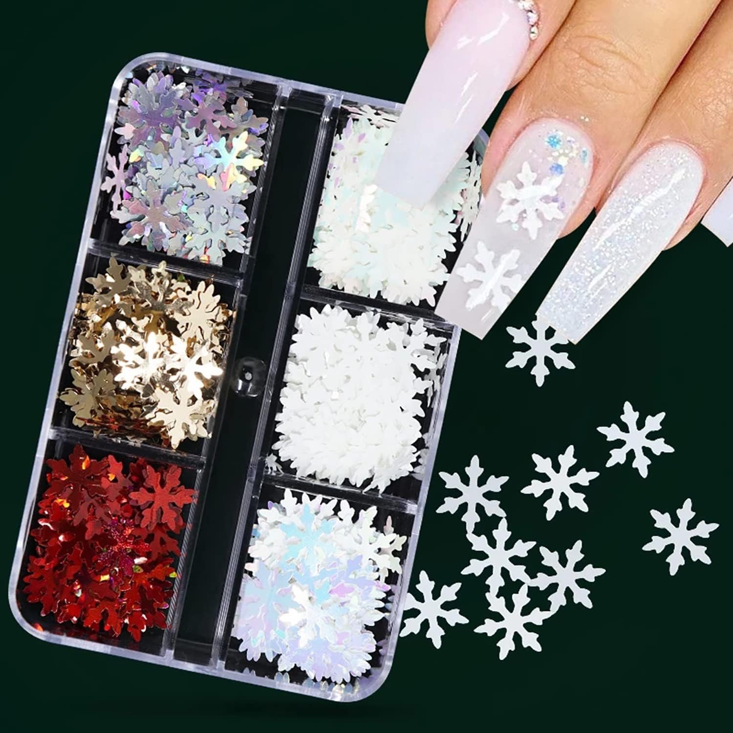 6 Grids Snowflake Nail Art Stickers Decals 3D Glitter Sequins Holographic Laser White Gold Silver Christmas Nail Art Flakes Winter Xmas Snow Glitter-Velvo Beauty