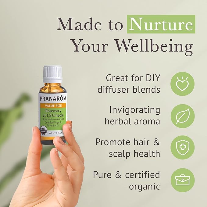Pranarom USDA Certified Organic Rosemary Cineole Essential Oil (30ml), 100% Pure Undiluted Therapeutic Grade from Tunisia for Aromatherapy, Diffuser, Meditation, Massage, Relaxation-Velvo Beauty