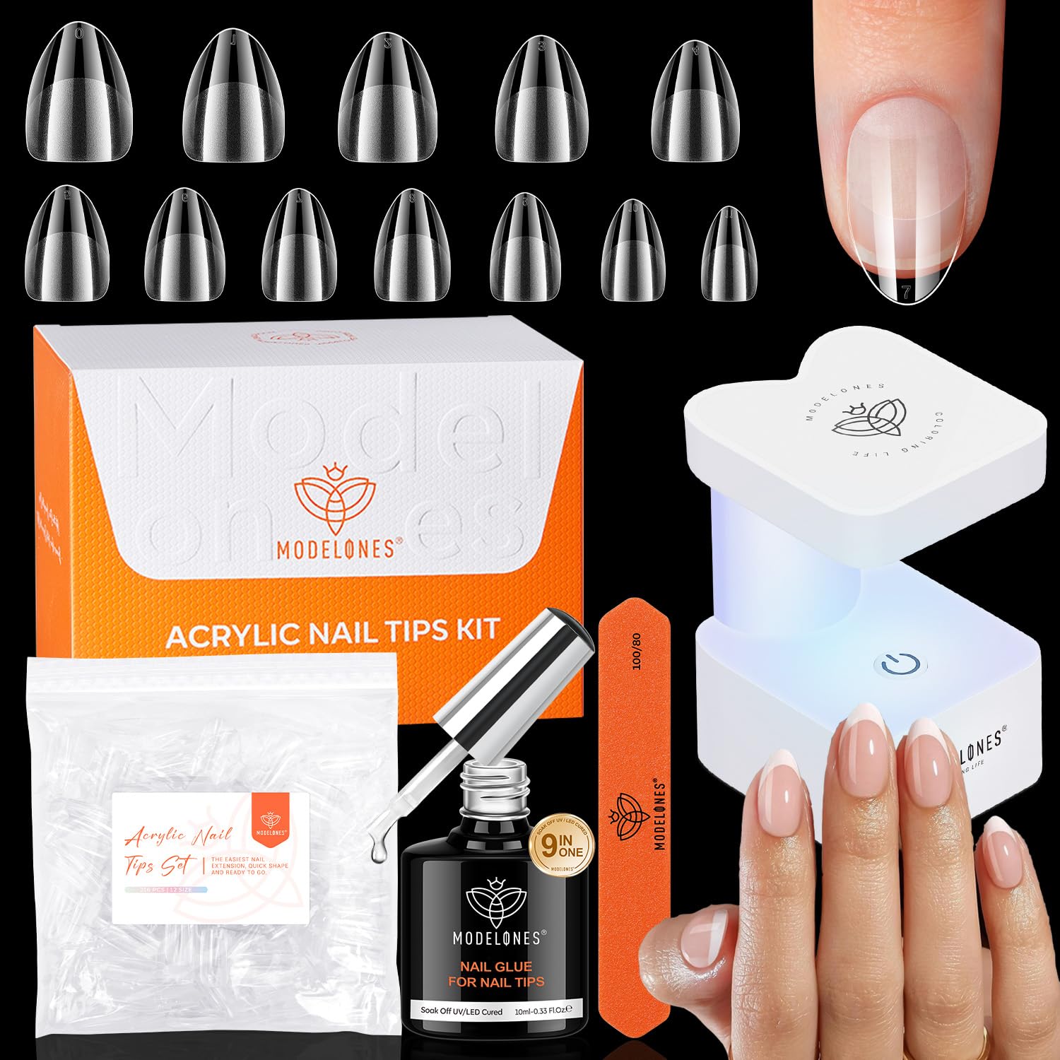 modelones Extra Short Almond Gel Nail Tips Kit, 9-in-One Nail Glue with Portable U V Lamp 216Pcs 12Sizes Pre-Etched Press ons Fake Acrylic Extension Kit DIY Salon Gift for Women-Velvo Beauty