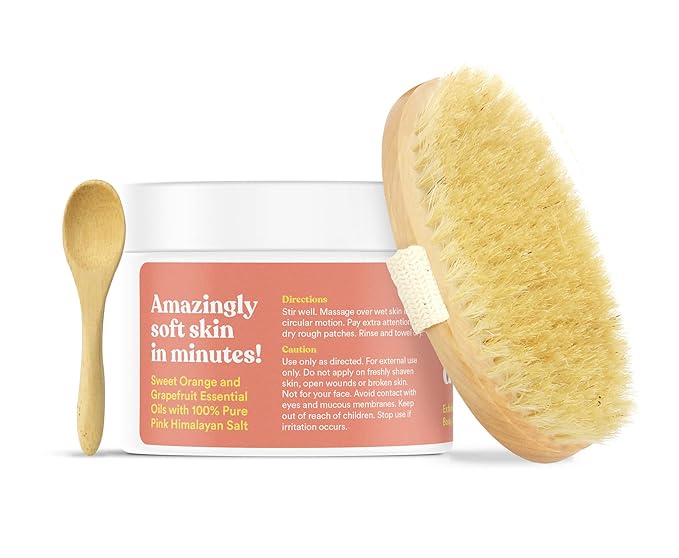 ASUTRA Dead Sea Salt Essential Oil Body Scrub Exfoliator and Dry Brush Bundle (Vitamin C), 16 oz - Ultra Hydrating, Gentle, & Moisturizing - Coconut, Sweet Orange, Grapefruit, and Lemon Oils-Velvo Beauty