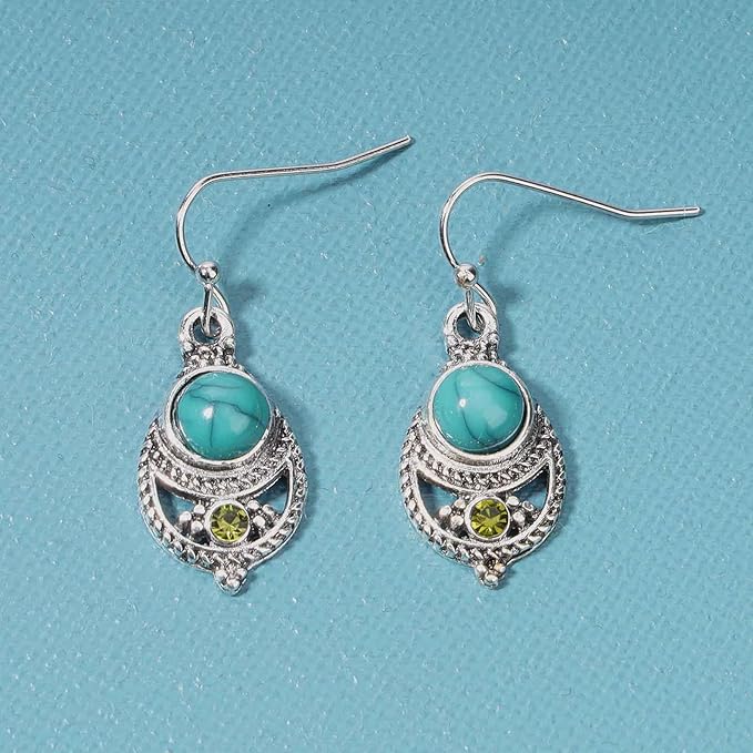 Boho Ethnic Turquoise Drop Earrings Silver Teardrop Turquoise Earrings Gemstone Hook Earrings Retro Drop Dangle Earrings Jewelry for Women and Girls-Velvo Beauty