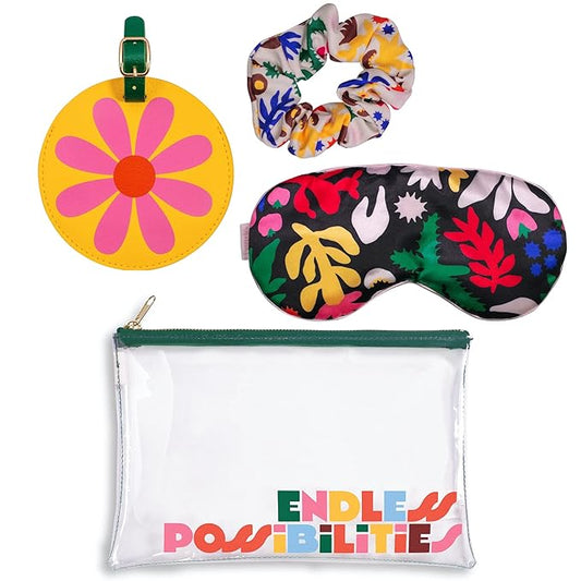 ban.do Getaway Travel Accessories Set, Vacation Essentials Pack Includes Zipper Pouch, Eye Sleeping Mask, Luggage Tag, and Hair Scrunchie, Endless Possibilities-Velvo Beauty