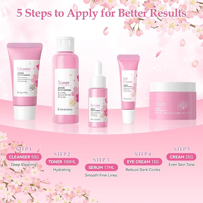 Skin Care Set, Cherry Blossom Skin Care Sets & Kits, Skin Care for Teenage Girls Gift Set with Cleanser, Toner, Serum, Eye Cream, Facial Cream, Facial Skin Care Sets & Kits for Teenage Girls Women-Velvo Beauty