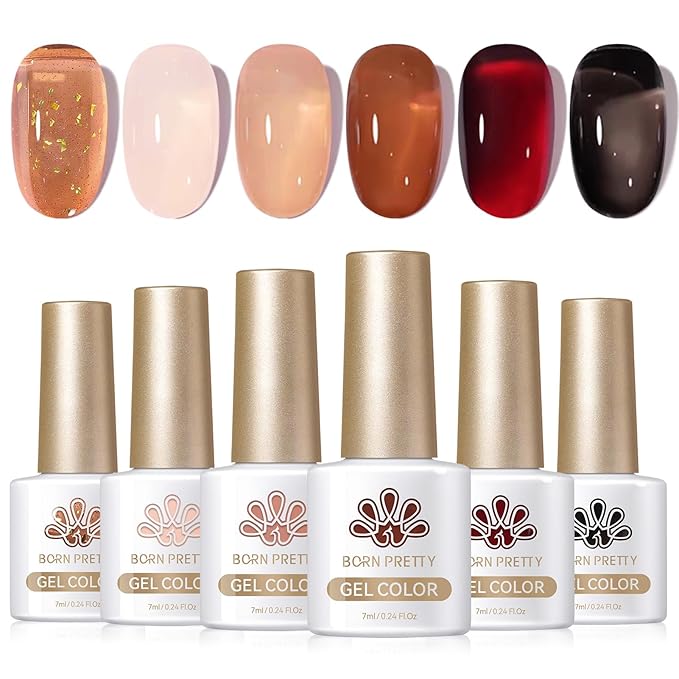 Born Pretty Jelly Gel Nail Polish Set Fall Winter Brown Blood Red Burgundy Black Gel Polish Sheer Milky Nude Transparent Halloween Gel Polish Set Nail Art Varnish Manicure Collection Gift 7ML 6PCS-Velvo Beauty