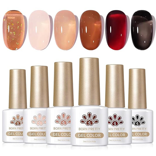 Born Pretty Jelly Gel Nail Polish Set Fall Winter Brown Blood Red Burgundy Black Gel Polish Sheer Milky Nude Transparent Halloween Gel Polish Set Nail Art Varnish Manicure Collection Gift 7ML 6PCS-Velvo Beauty