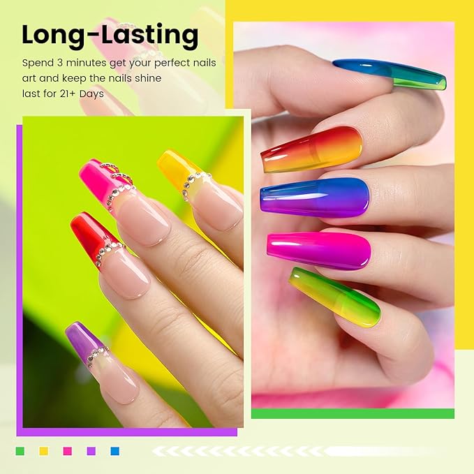 RARJSM Neon Jelly Gel Nail Polish Set 6pcs Clear Crytal Glass Yellow Blue Green Red Pink Purple Transparent Sheer Gel Varnish LED UV Curing Requires French Manicure Soad off Summer Iridescent Colors-Velvo Beauty
